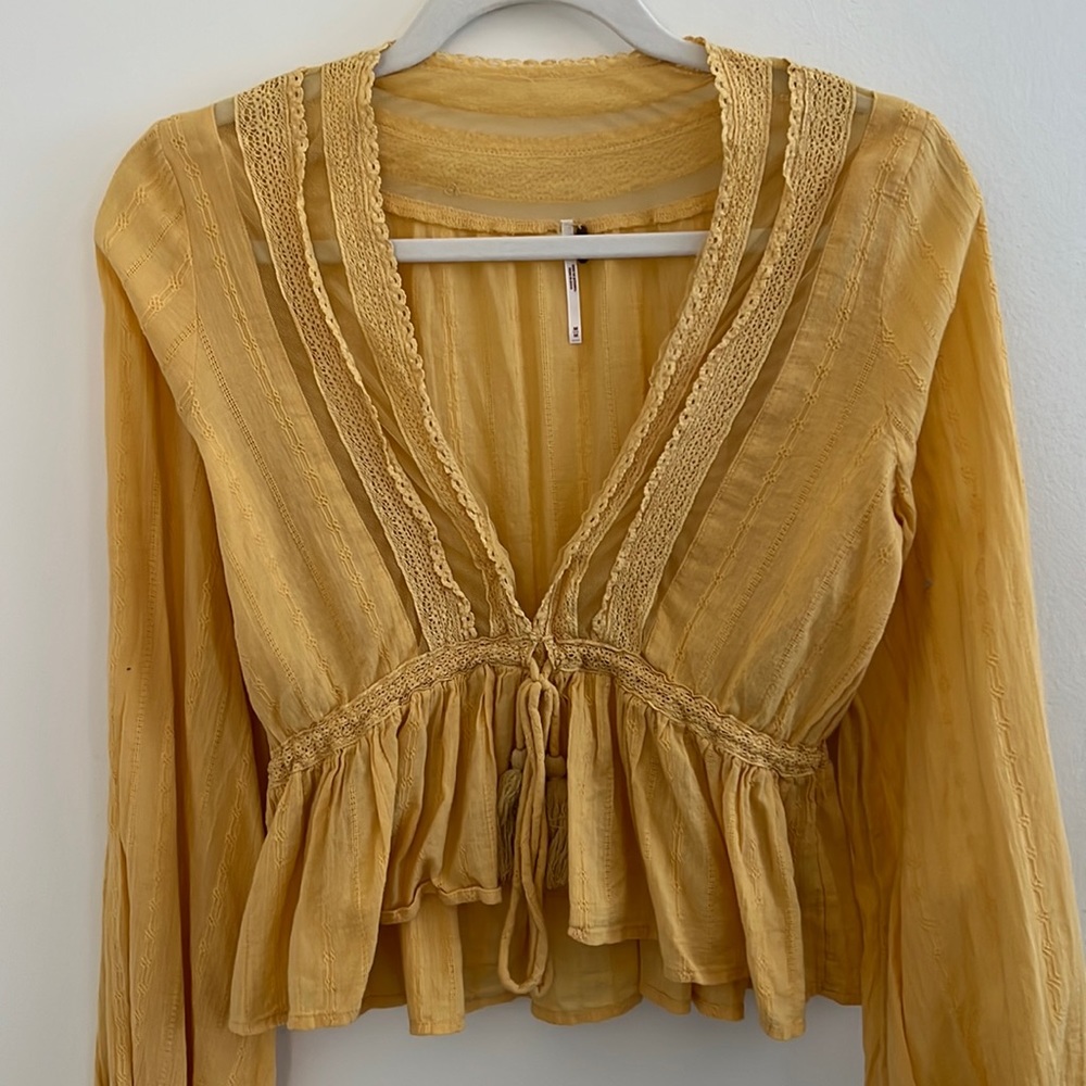 Free People Mustard Yellow Crochet Trim Peasant Blouse